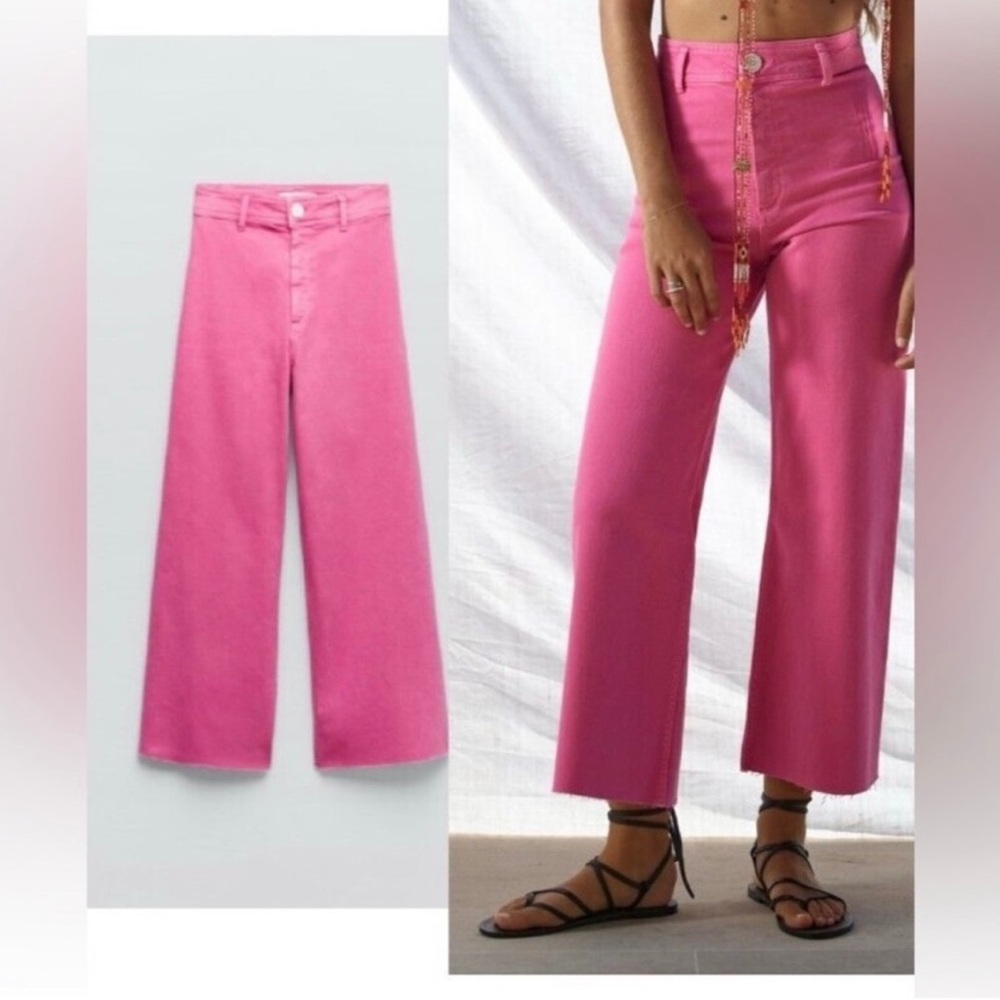 Zara Marine Straight High Rise Wide Leg Jeans in Hot Pink